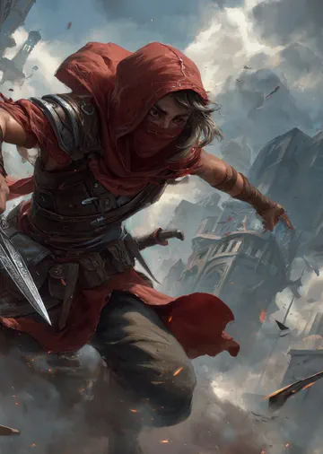 Card art from Reaches: a hooded rogue in a red scarf lunges with a dagger above a stormy, ruined city.