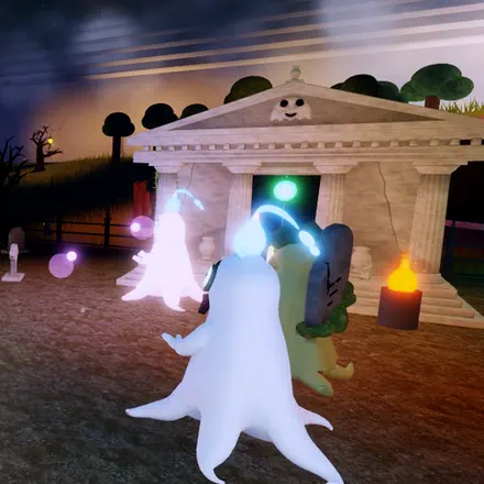 A white ghost drifts through a graveyard at dusk toward a stone mausoleum with a ghost face carved over its door.