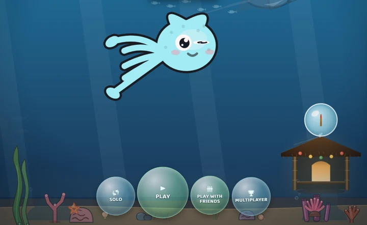 A pale blue squid with big eyes swims above a sandy reef, past the game’s glass bubbles for Solo, Play, Play with friends and Multiplayer.